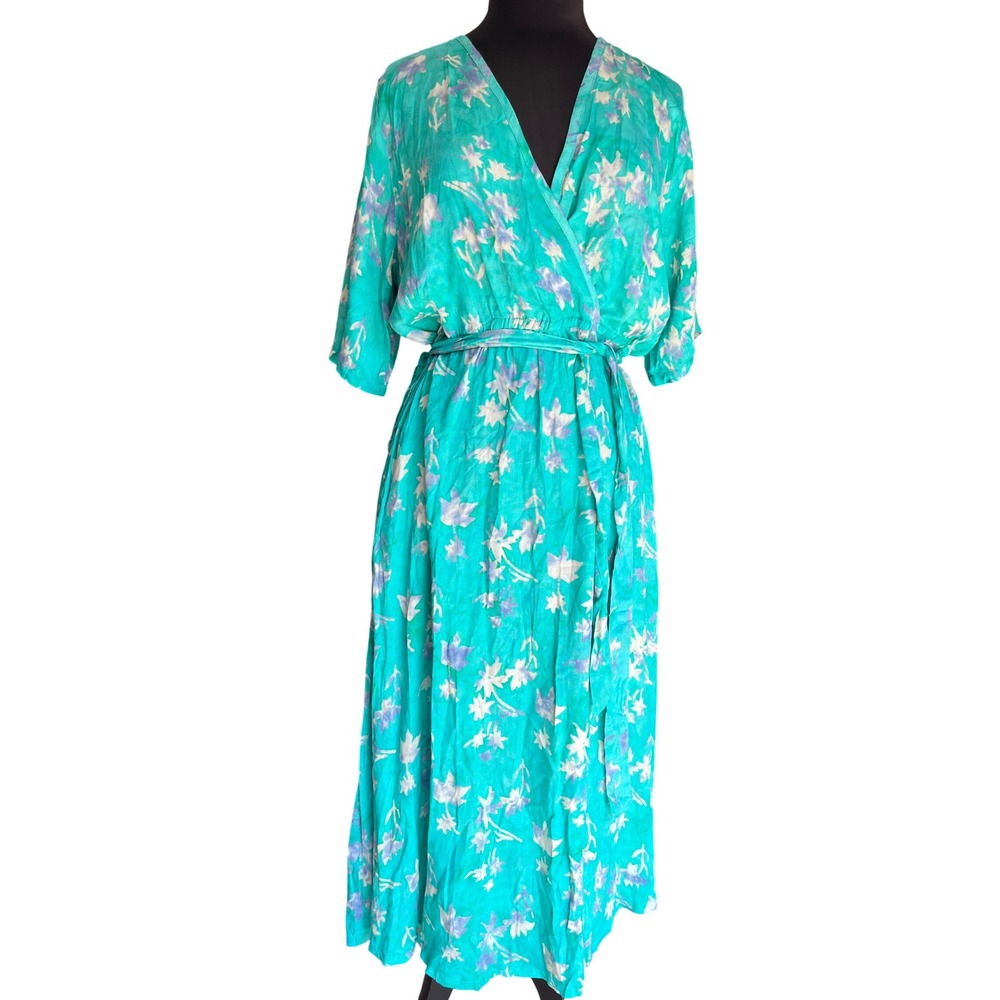 Soft Surroundings Floral Wrap Midi Dress Turquoise Teal Purple Lily Print Large